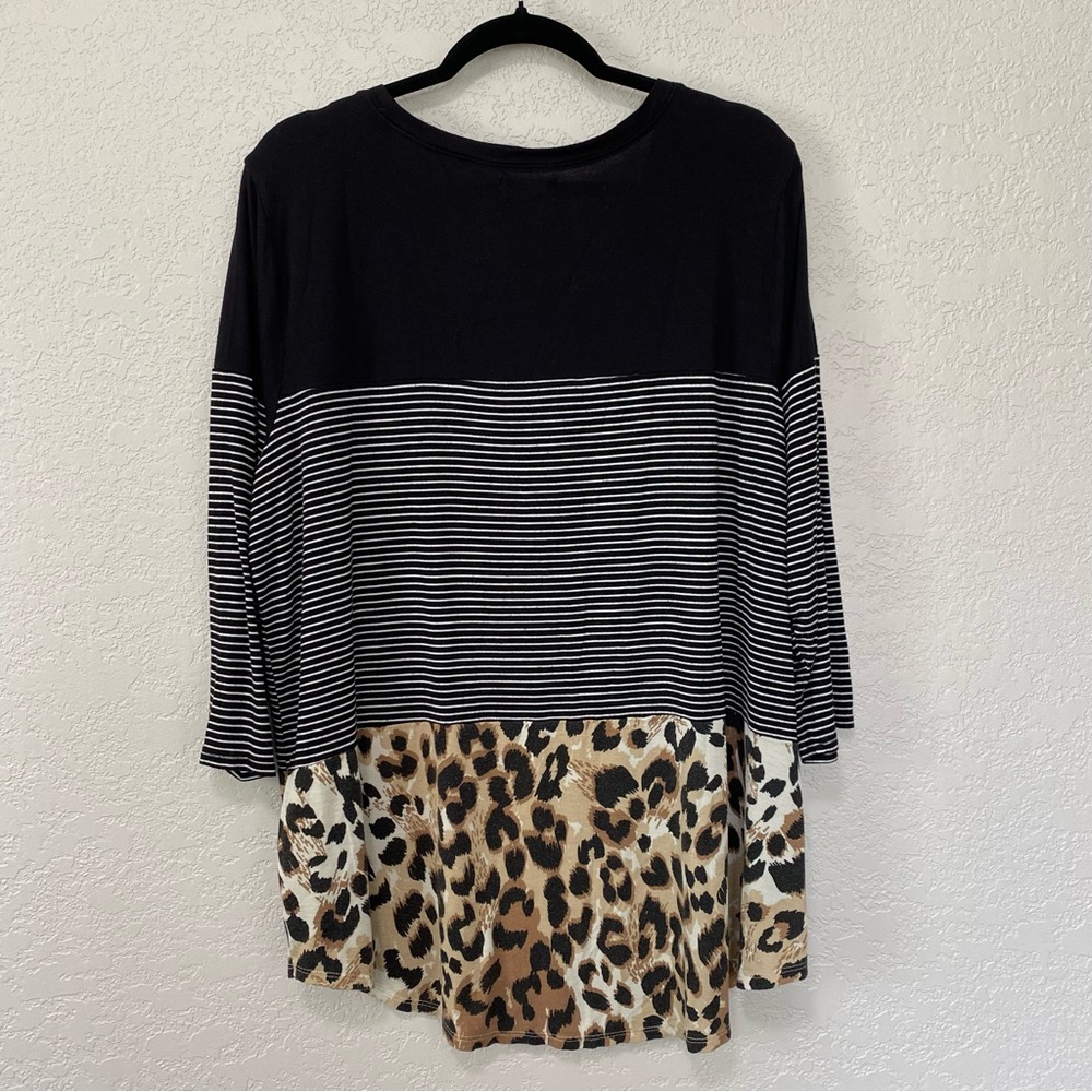 MAURICES 24/7 Women's Size 2 Black Striped Leopard Colorblock 3/4 Sleeves Top - Picture 6 of 6